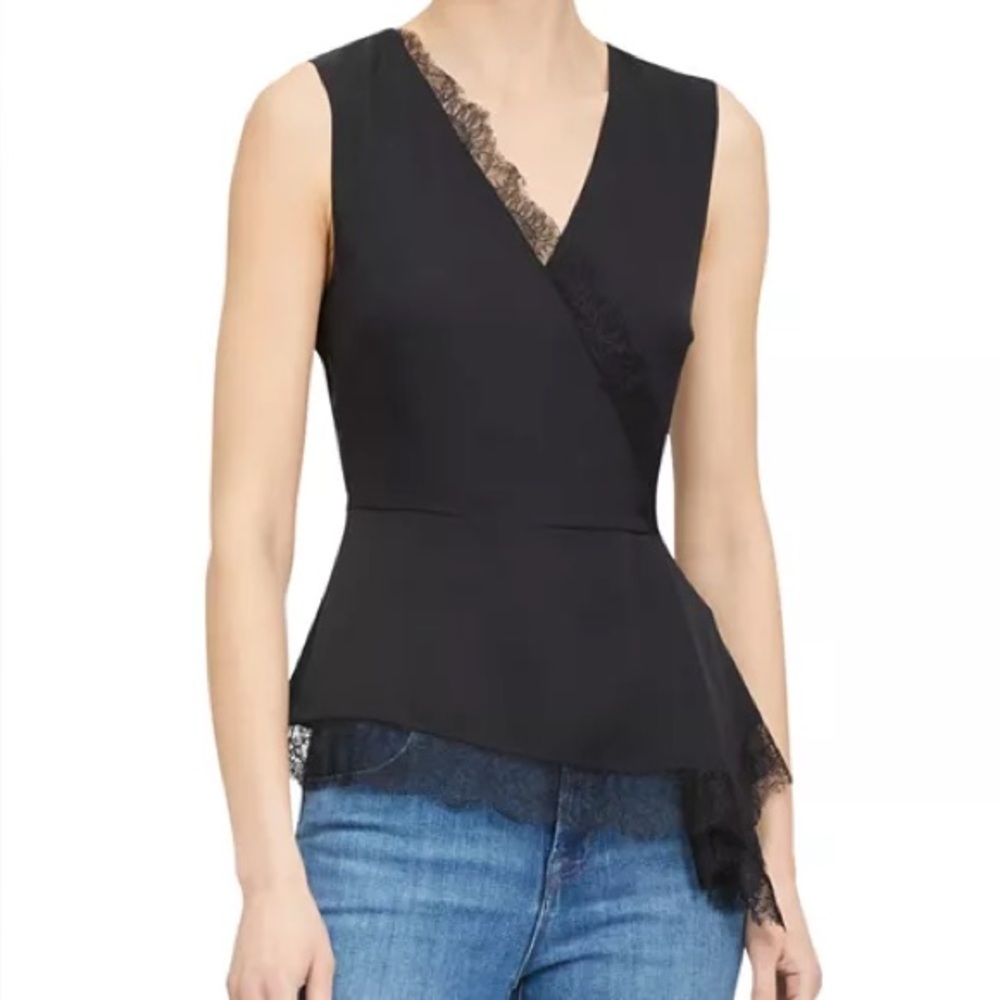 Theory Silk Asymmetric Lace Trim Top Black Sz 10